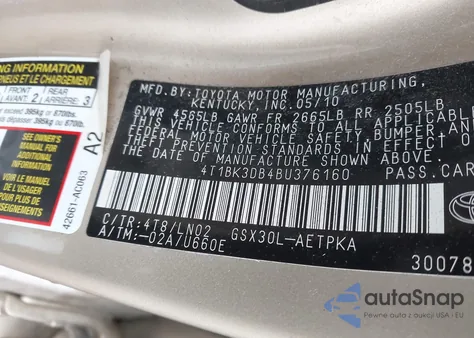 2011 Toyota Avalon Limited из США, поврежденный, VIN 4T1BK3DB4BU376160